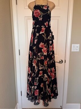 Lulu's Black Maxi Dress with Red and Pink Floral Print
